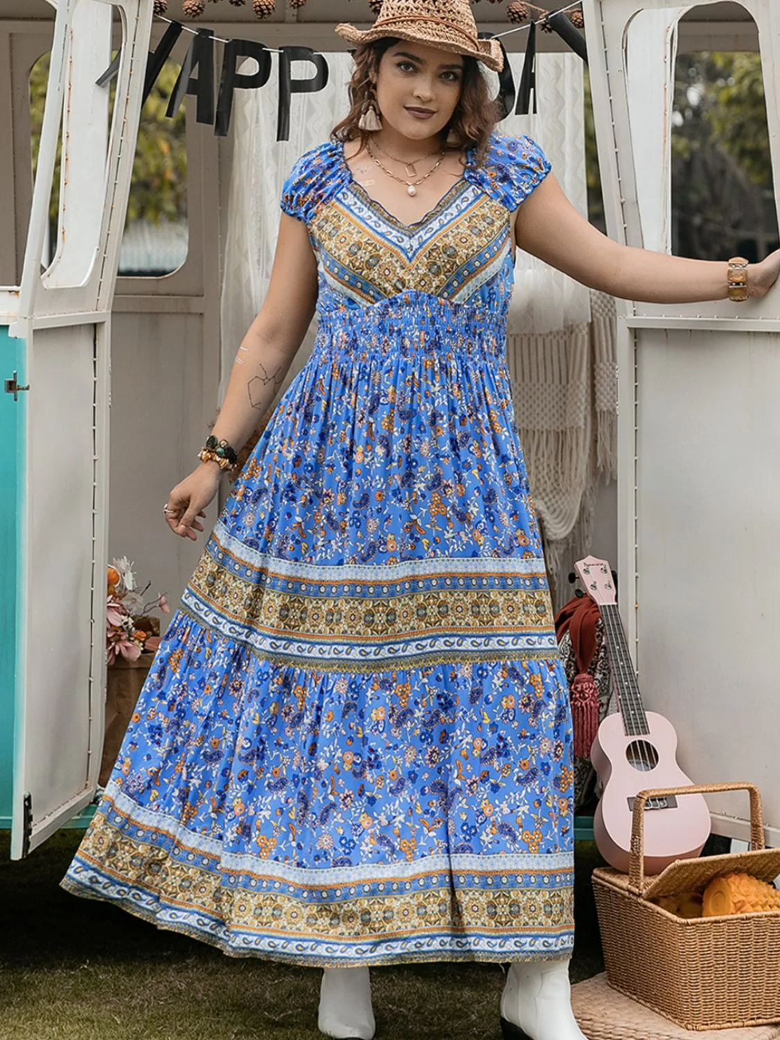 Plus Size Smocked Printed Cap Sleeve Dress - Image 4
