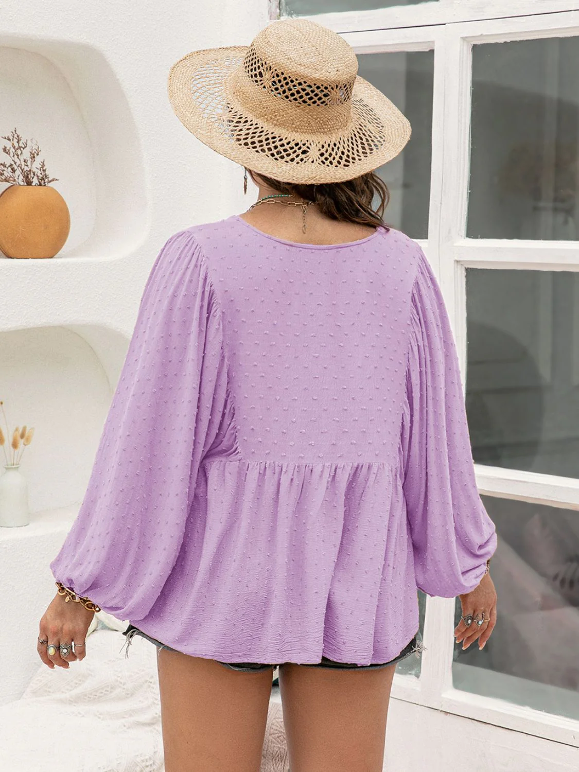 Plus Size Swiss Dot Tie Neck Long Sleeve Blouse - Image 2
