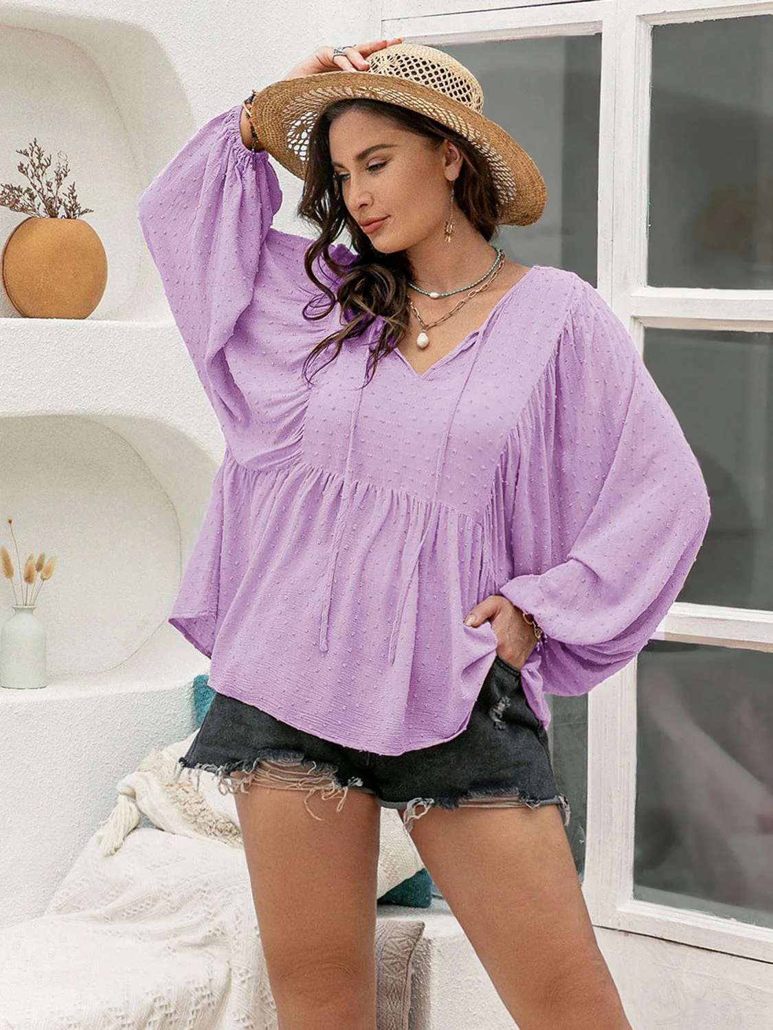 Plus Size Swiss Dot Tie Neck Long Sleeve Blouse - Image 6