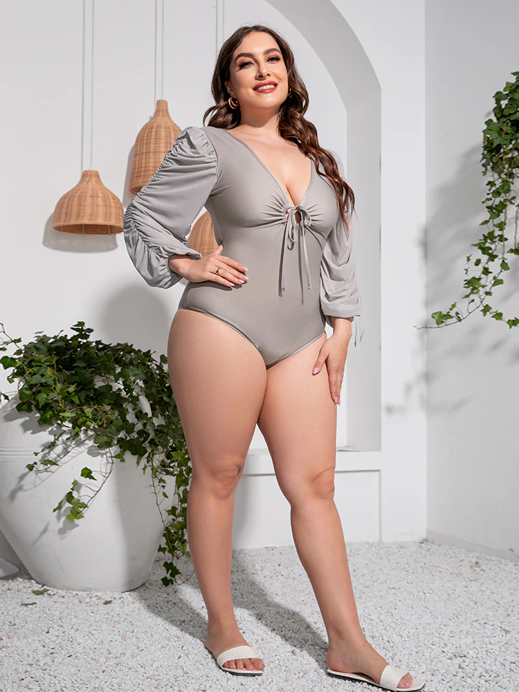 Plus Size Tied Deep V Balloon Sleeve One-Piece Swimsuit - Image 10