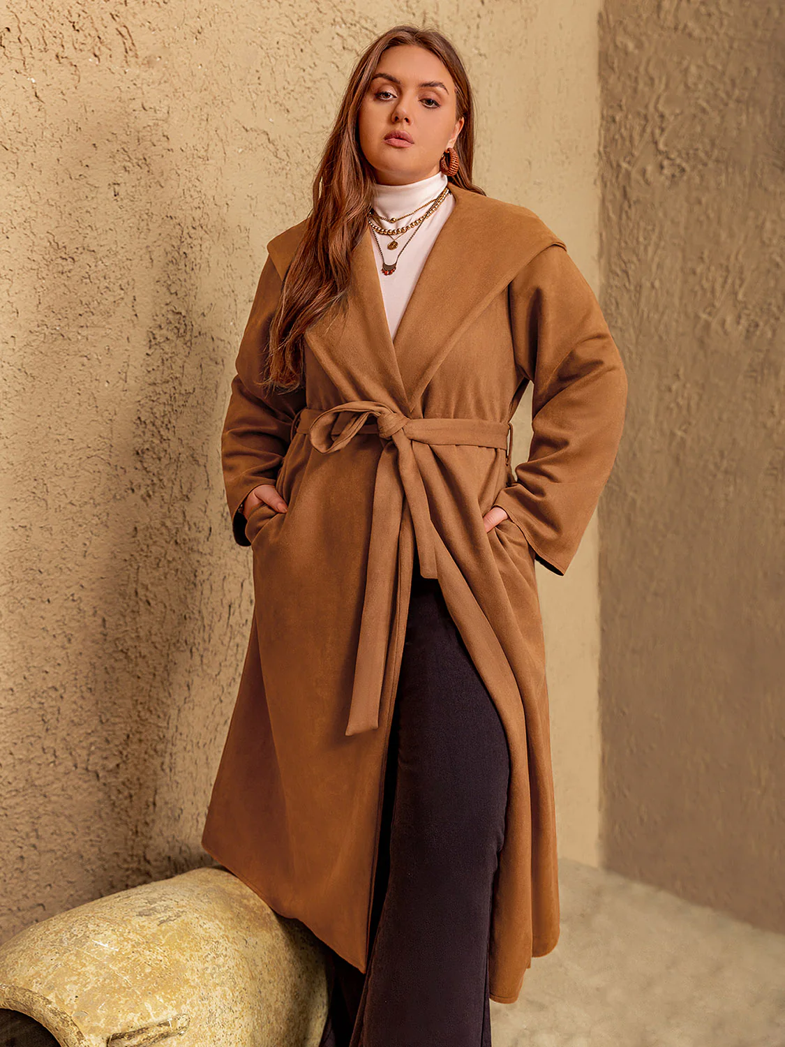 Plus Size Tied Long Sleeve Hooded Coat with Pockets - Image 3