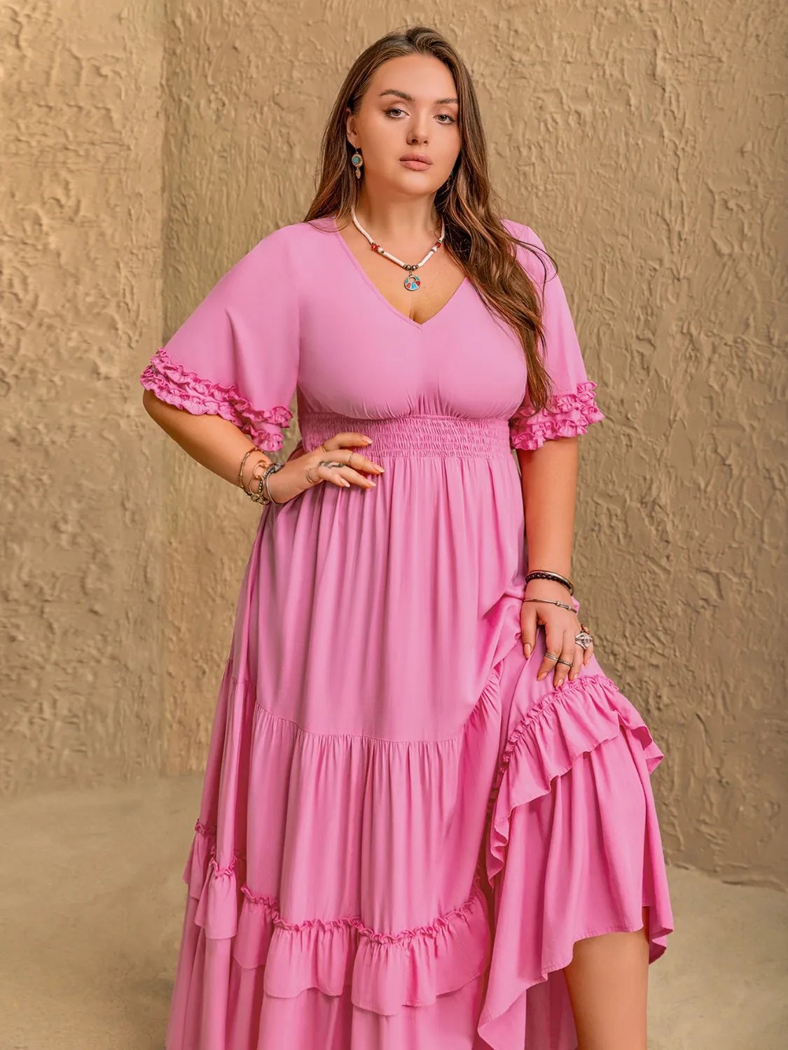 Plus Size V-Neck Half Sleeve Maxi Dress - Image 3