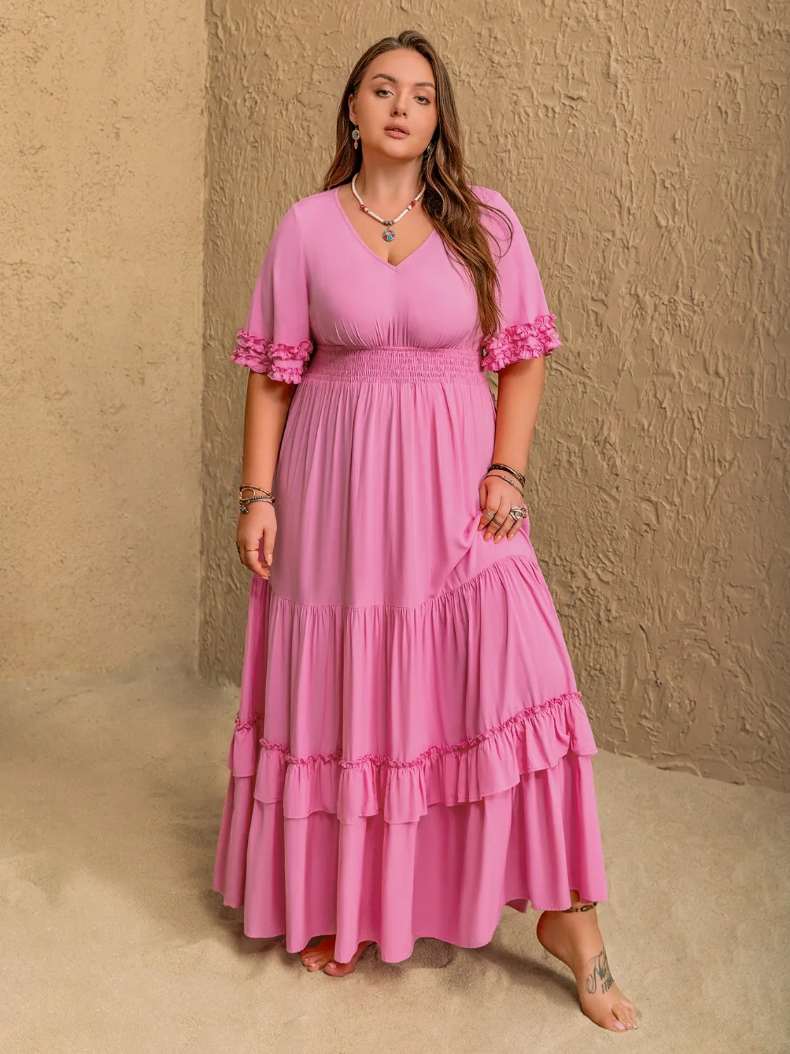 Plus Size V-Neck Half Sleeve Maxi Dress - Image 4