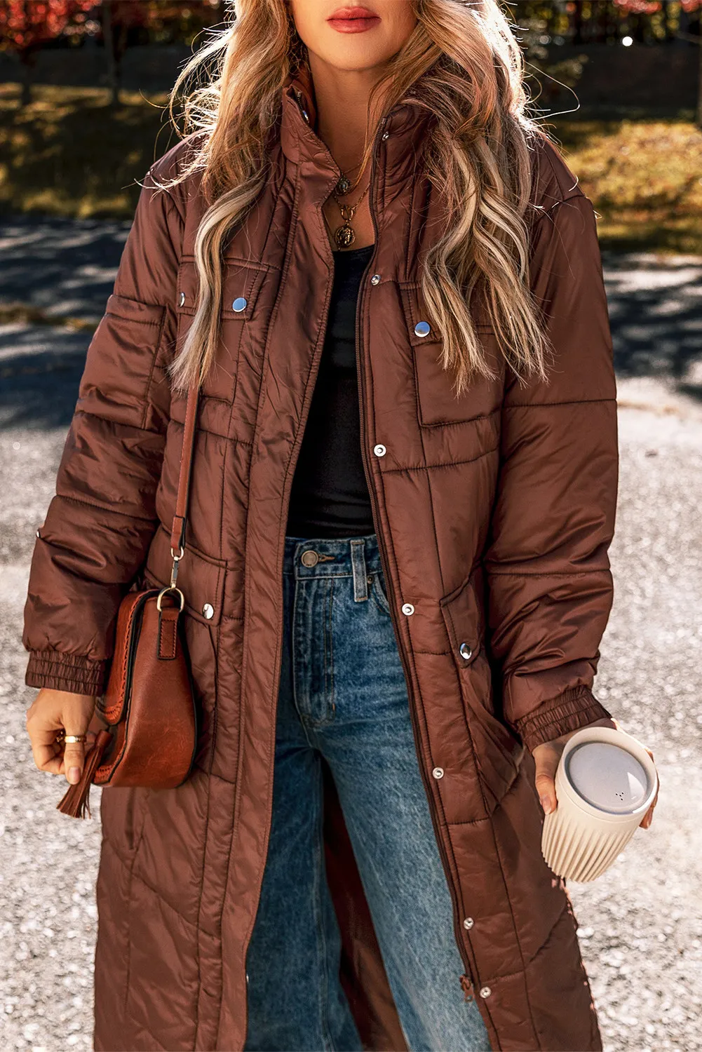 Pocketed Bubble Texture Long Sleeve Longline Winter Coat - Image 3
