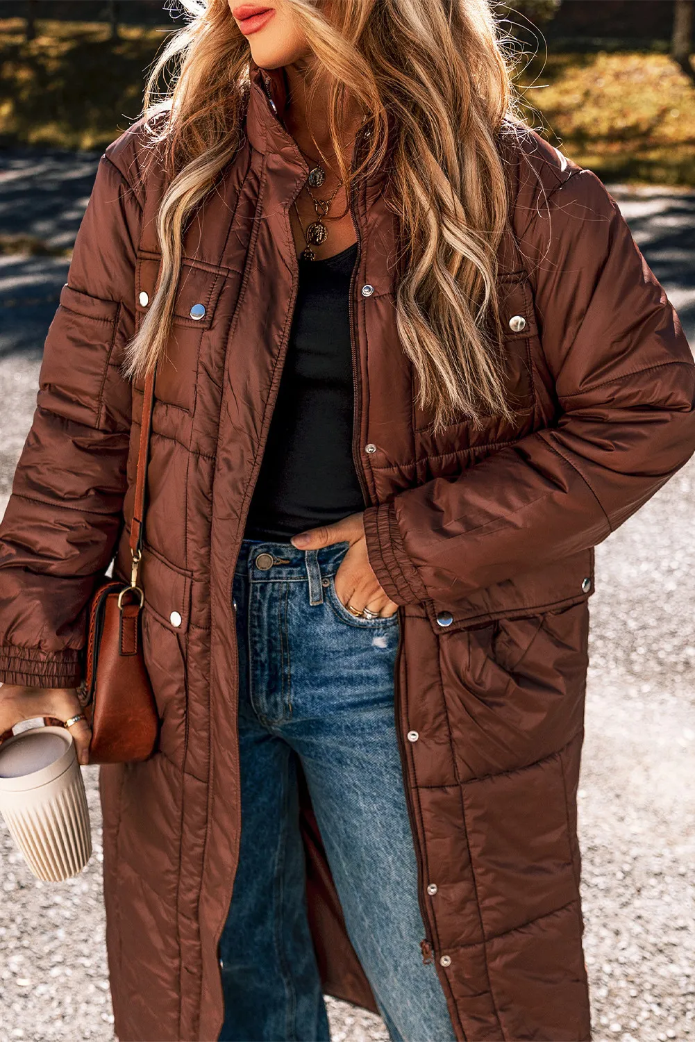 Pocketed Bubble Texture Long Sleeve Longline Winter Coat - Image 4
