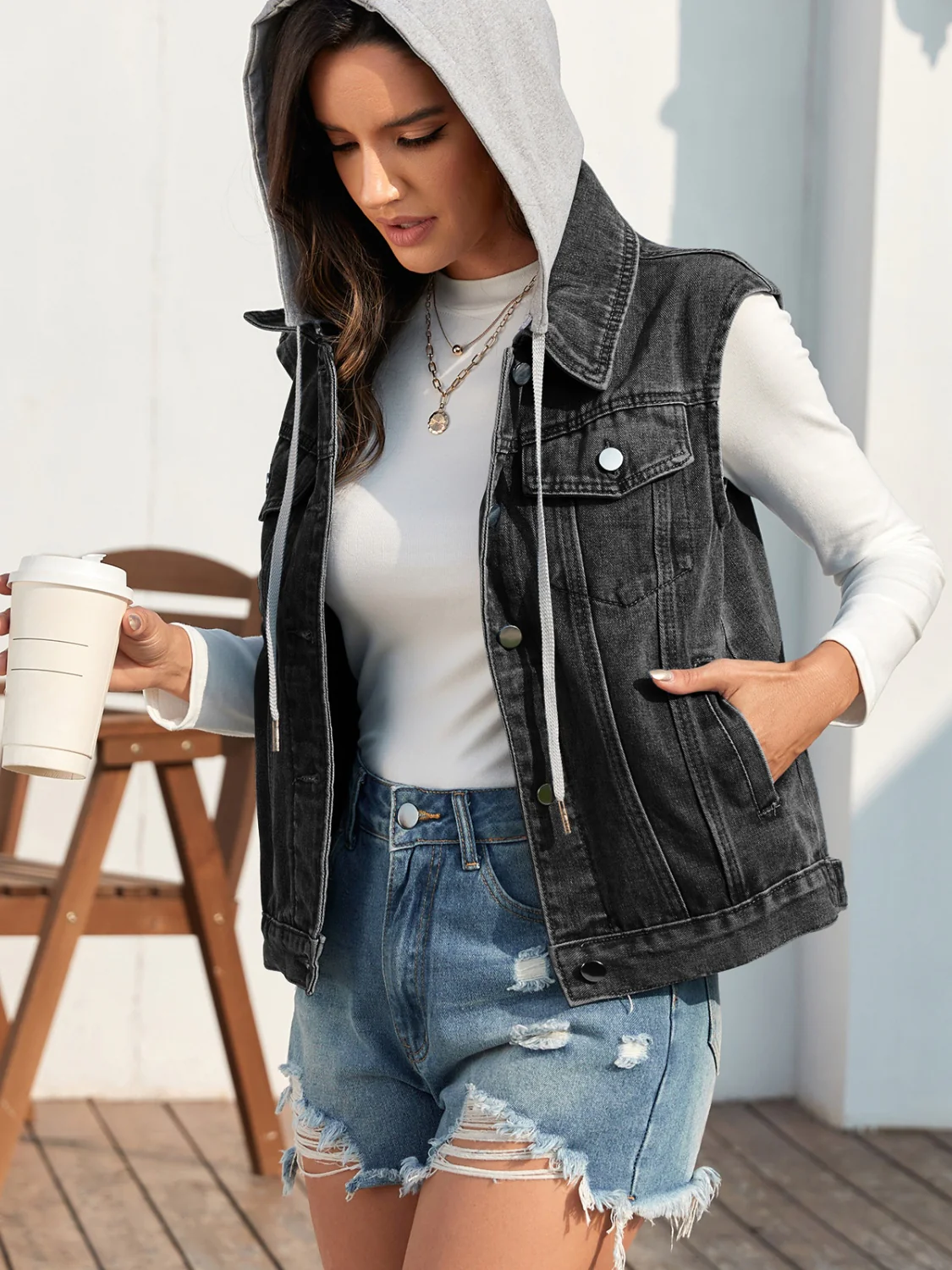 Pocketed Button Up Hooded Denim Jacket - Image 4
