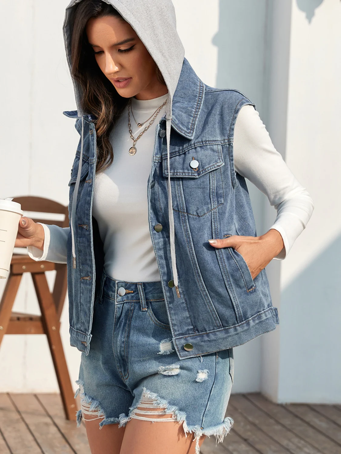 Pocketed Button Up Hooded Denim Jacket - Image 5