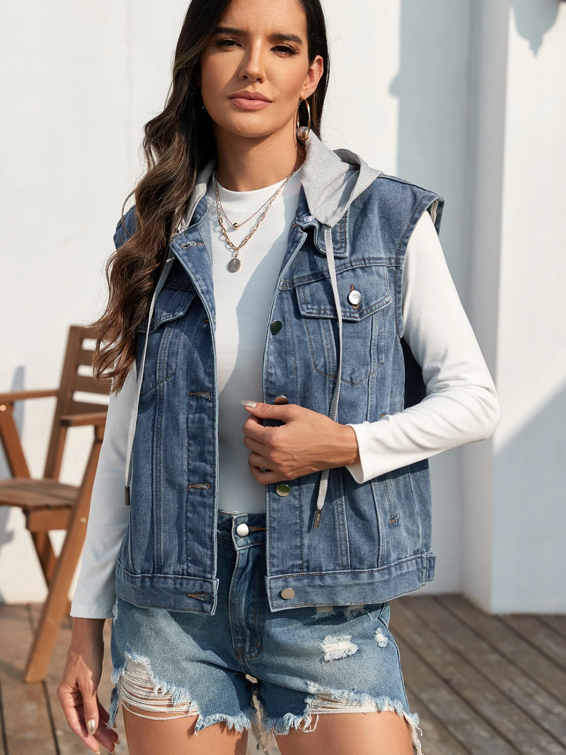Pocketed Button Up Hooded Denim Jacket - Image 6
