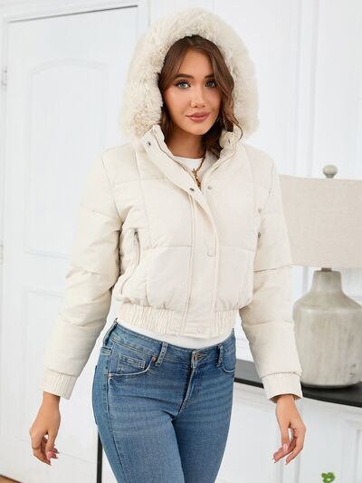 Pocketed Long Sleeve Cropped Hooded Winter Coat - Image 11
