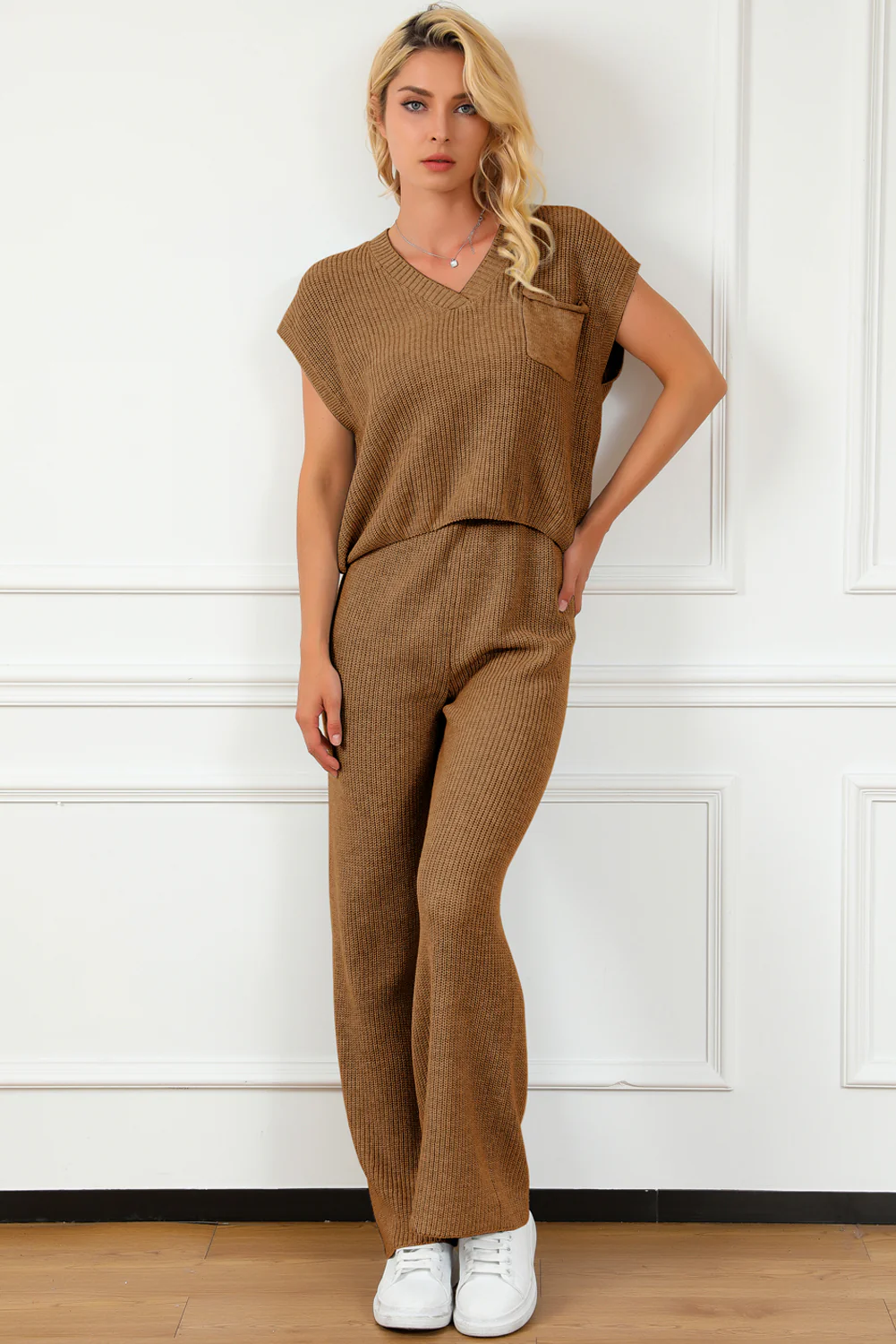 Pocketed V-Neck Top and Wide Leg Sweater Set - Image 14