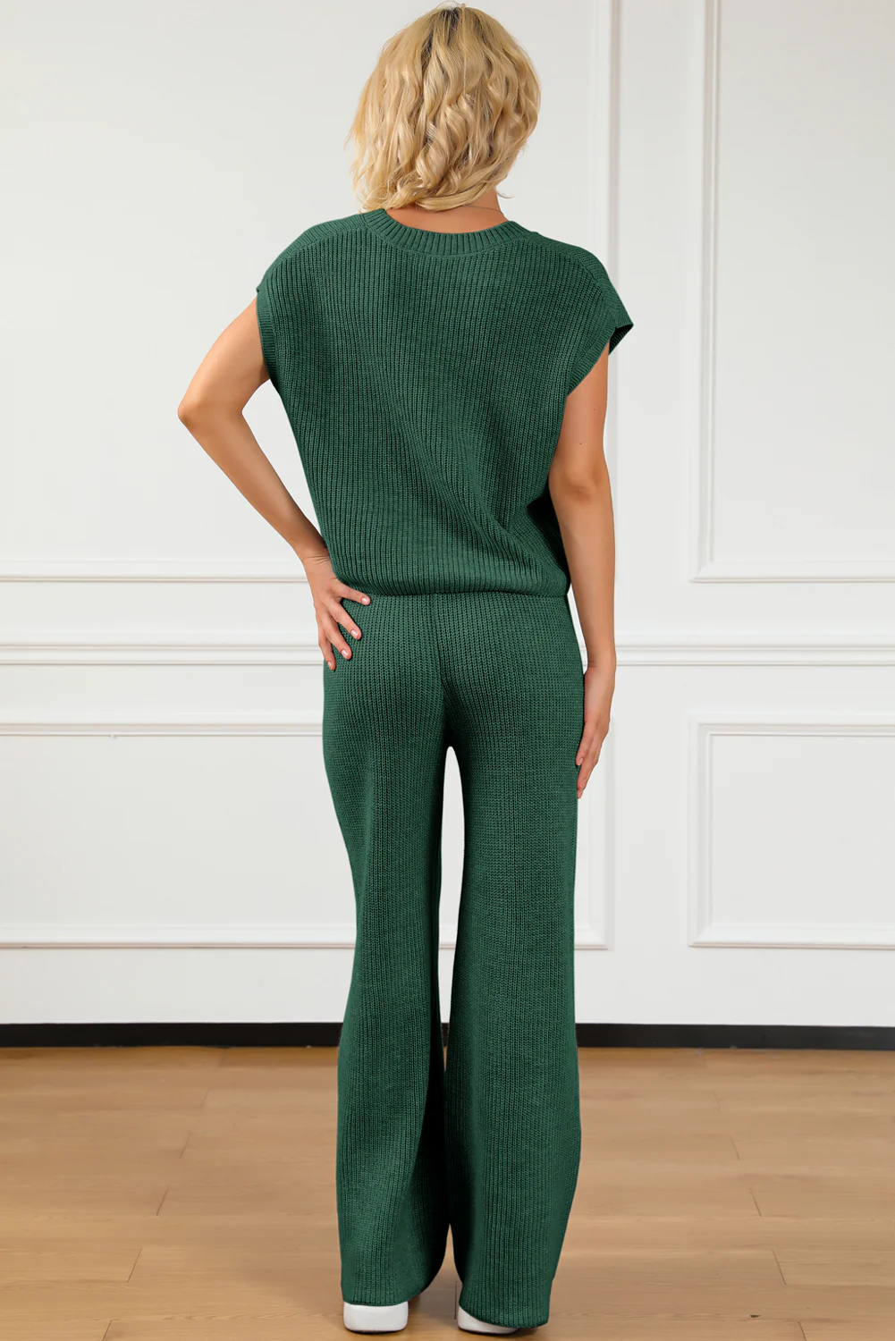 Pocketed V-Neck Top and Wide Leg Sweater Set - Image 2
