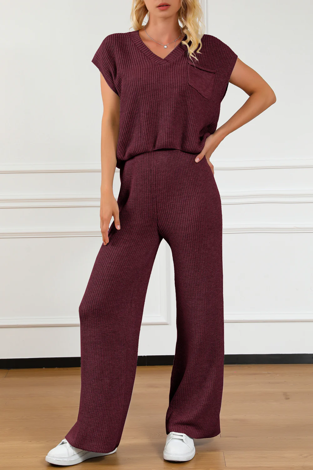 Pocketed V-Neck Top and Wide Leg Sweater Set - Image 5