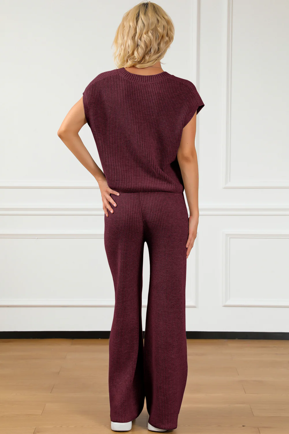 Pocketed V-Neck Top and Wide Leg Sweater Set - Image 7