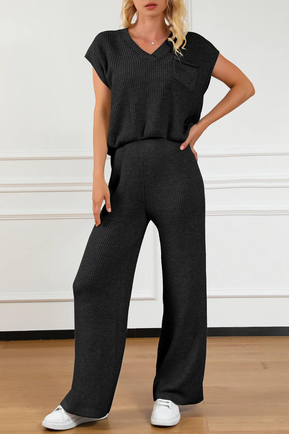 Pocketed V-Neck Top and Wide Leg Sweater Set - Image 8