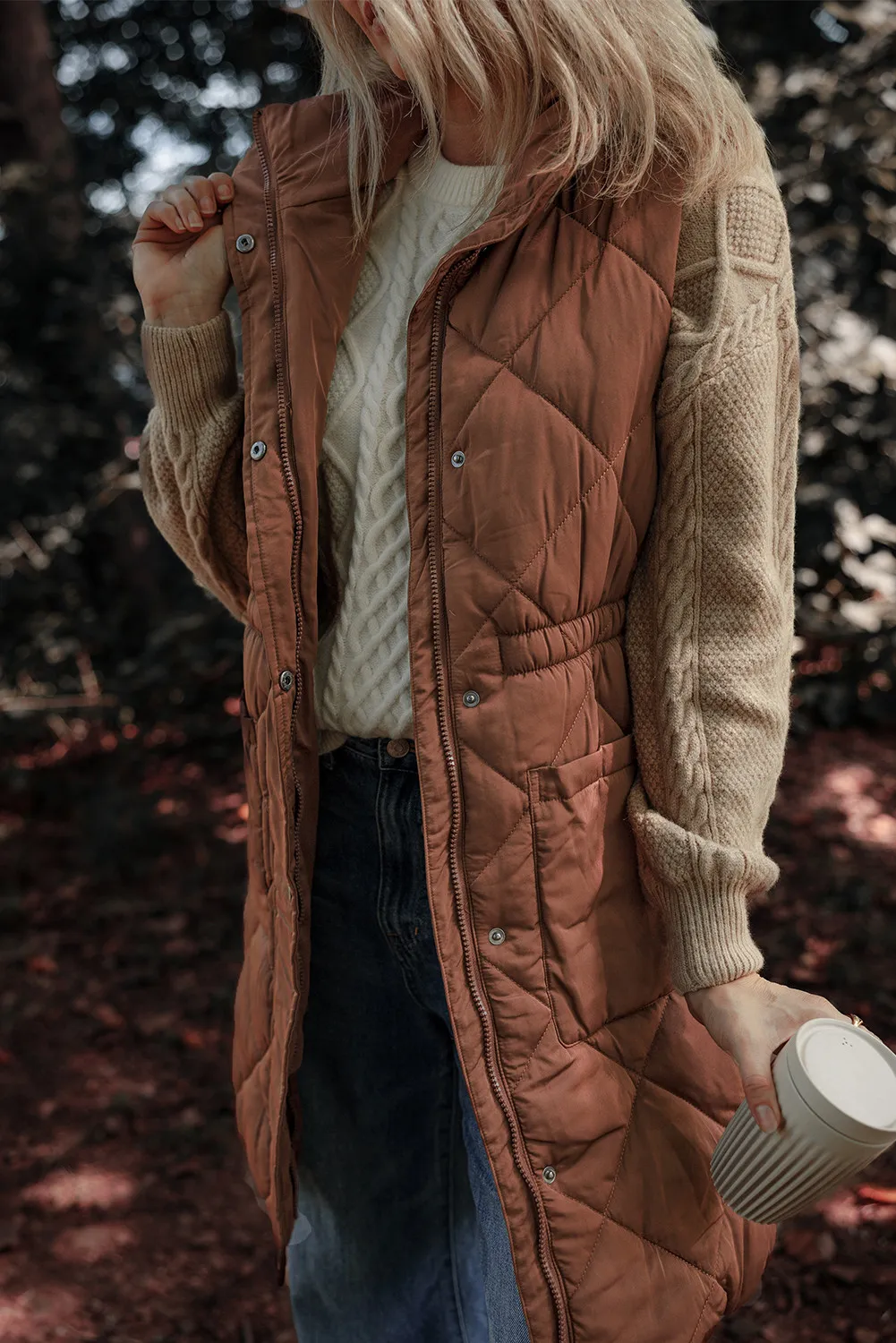 Pocketed Zipper and Button Vest Coat - Image 3