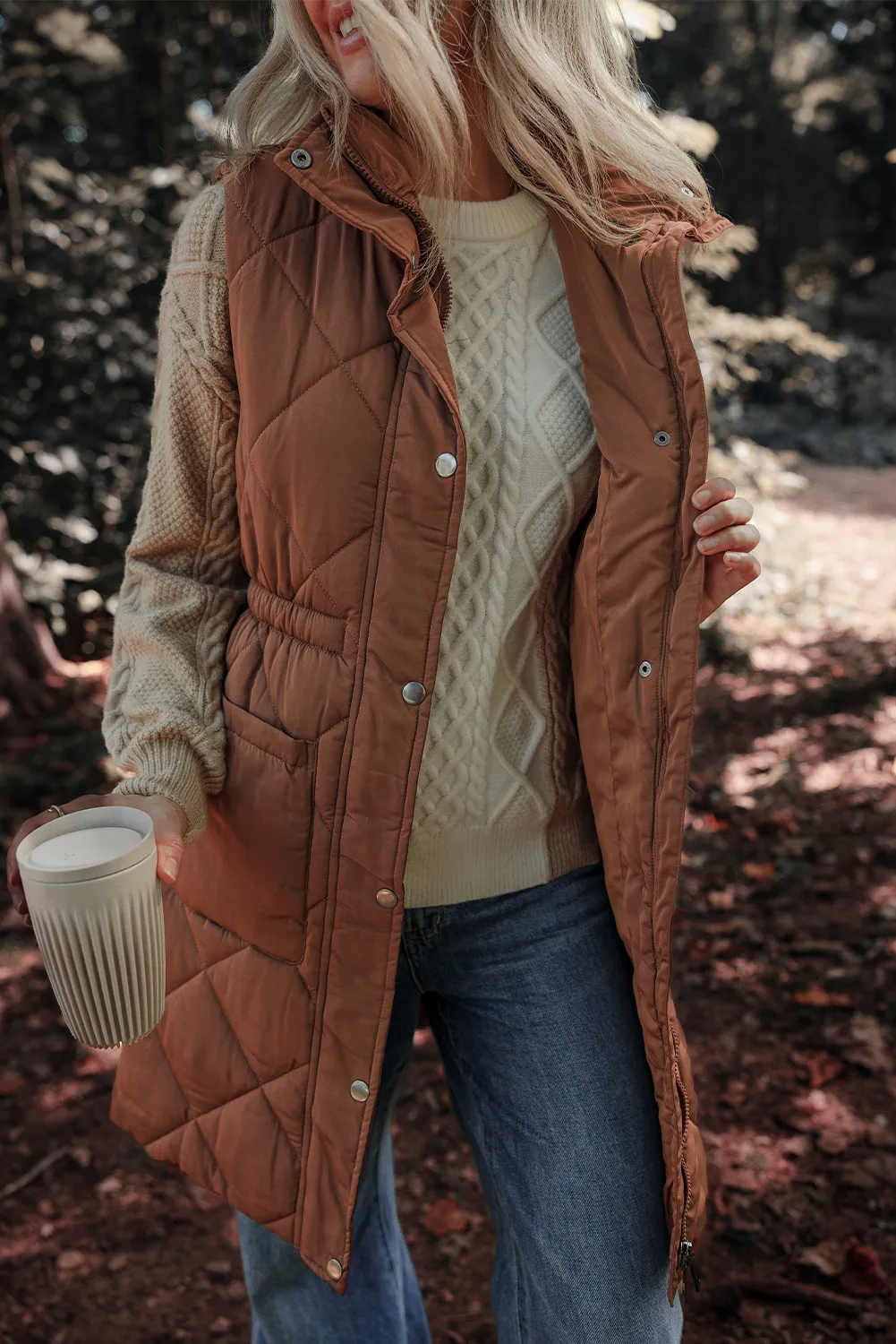 Pocketed Zipper and Button Vest Coat - Image 4