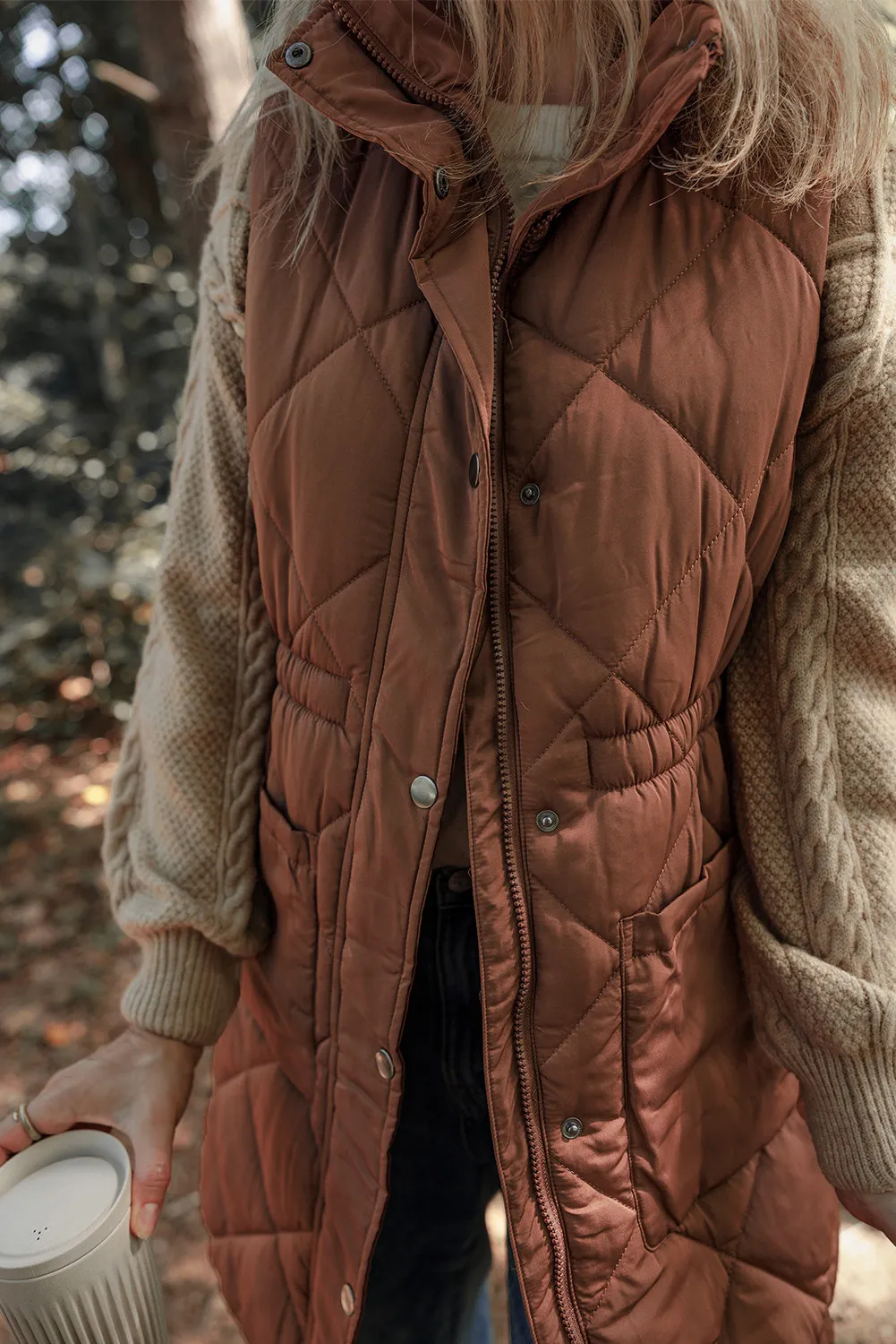 Pocketed Zipper and Button Vest Coat - Image 6