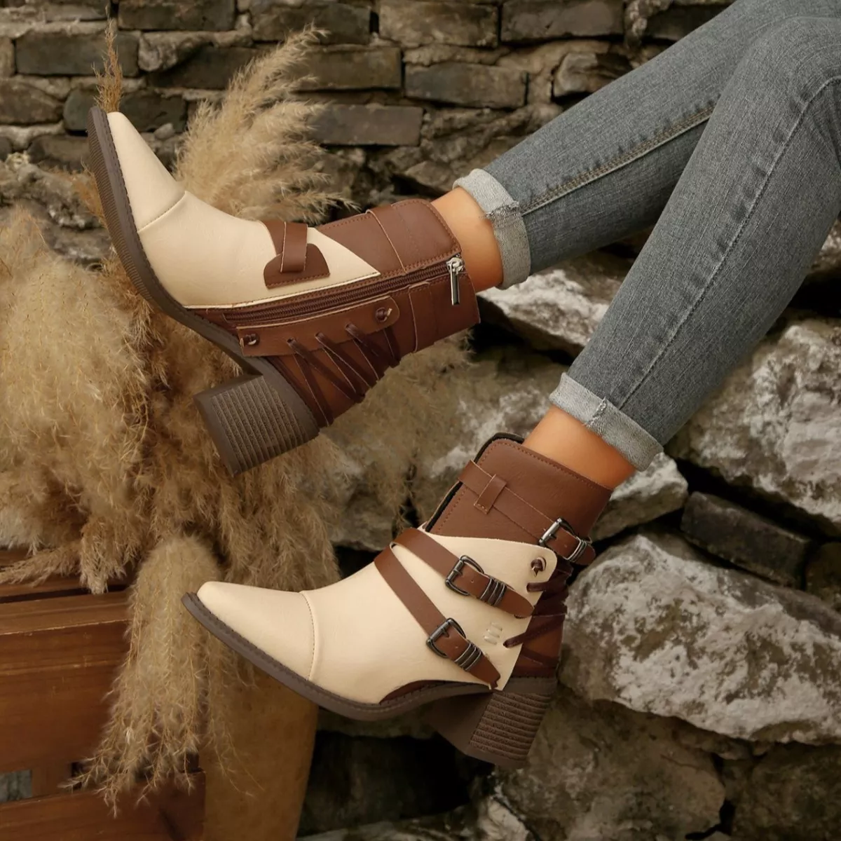 Point Toe Buckle Strap Ankle Boots with Block Heels - Image 13