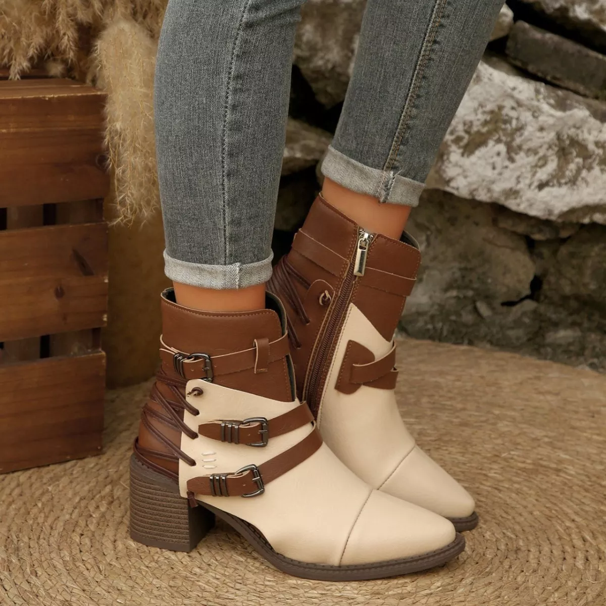 Point Toe Buckle Strap Ankle Boots with Block Heels - Image 15