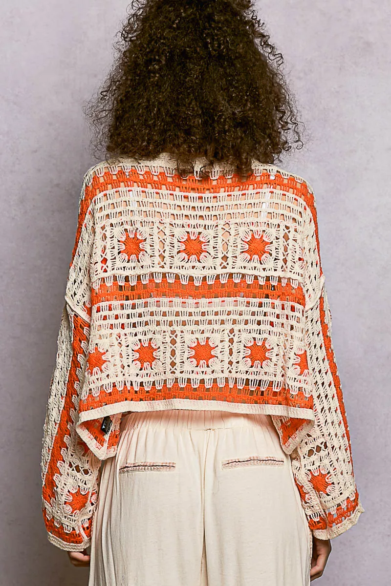 POL Boat Neck Long Sleeve Crochet Top with Granny Square Weaving - Image 4