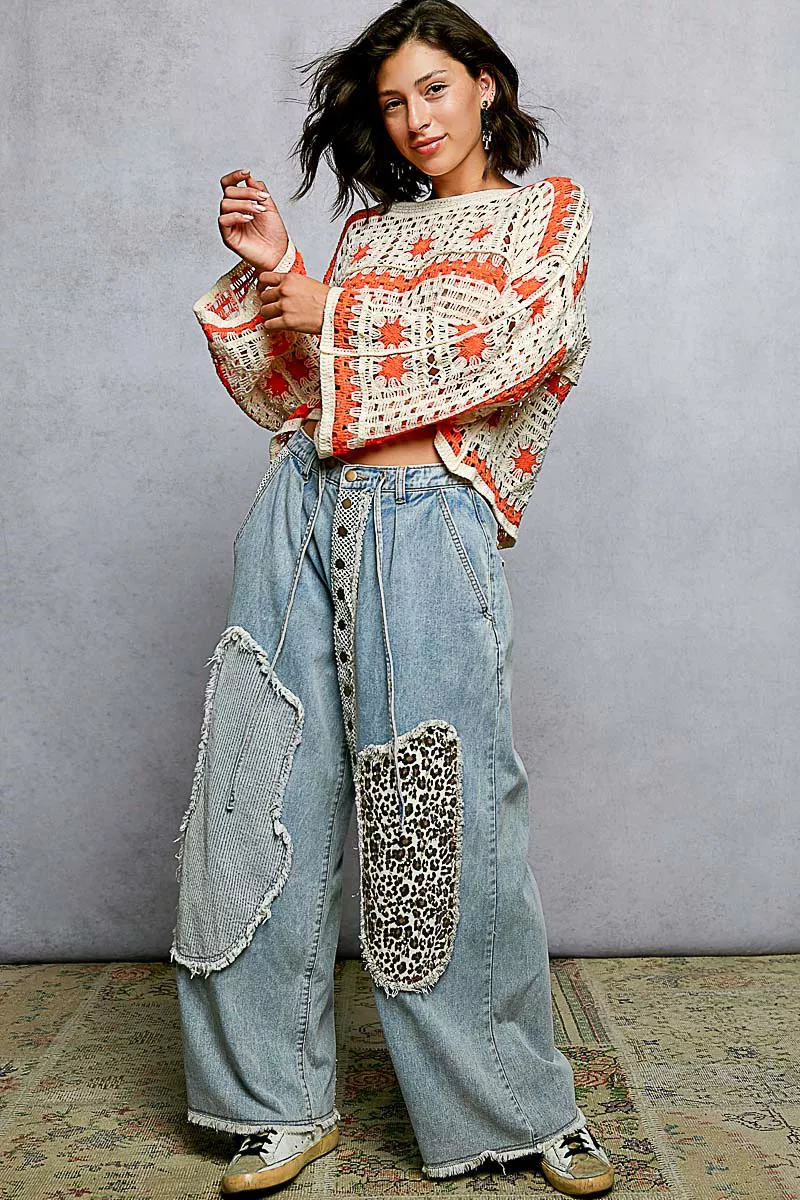 POL Boat Neck Long Sleeve Crochet Top with Granny Square Weaving - Image 9