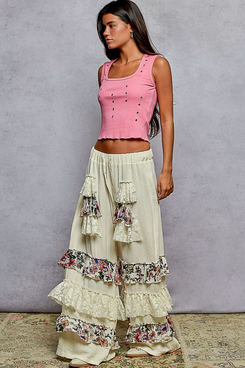POL Drawstring Double Gauze Wide Leg Pants with Print and Lace Ruffle - Image 5