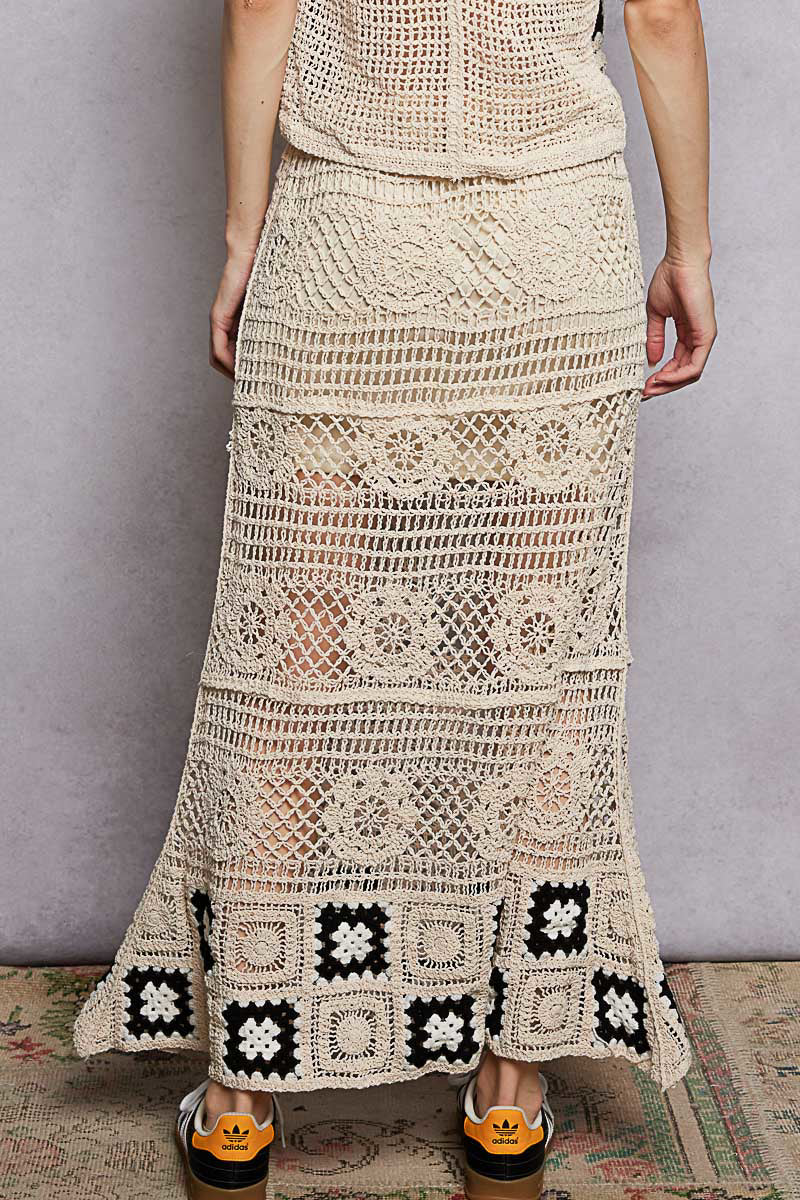 POL Floral Crochet Ruffled Waistband Maxi Skirt with Granny Square Weave - Image 3