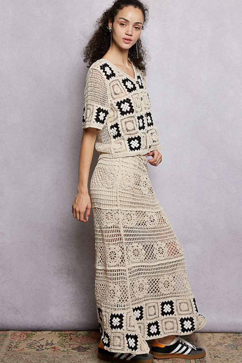 POL Floral Crochet Ruffled Waistband Maxi Skirt with Granny Square Weave - Image 5