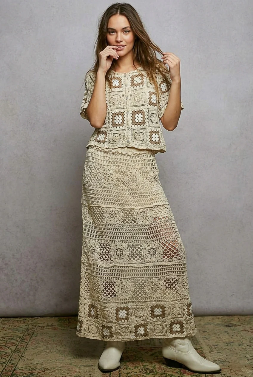 POL Floral Crochet Ruffled Waistband Maxi Skirt with Granny Square Weave - Image 3