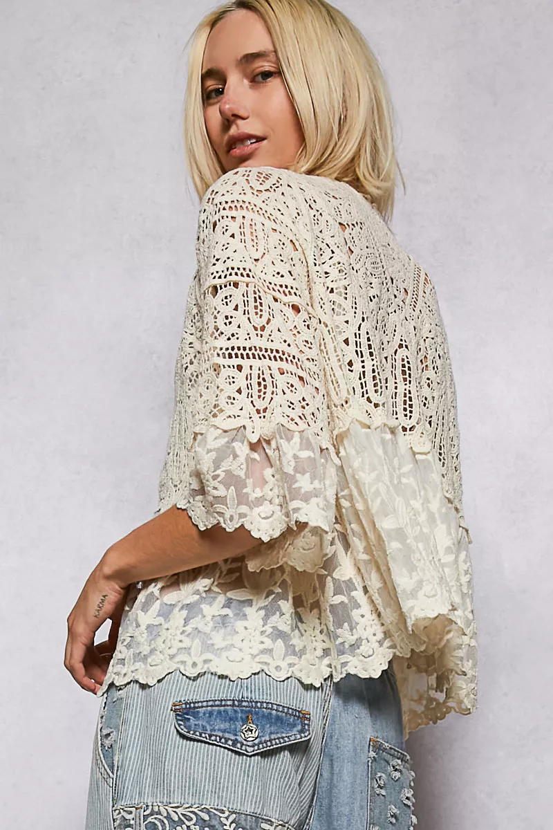 POL Floral Lace Short Sleeve Crochet Cardigan with Tassel Tie - Image 3
