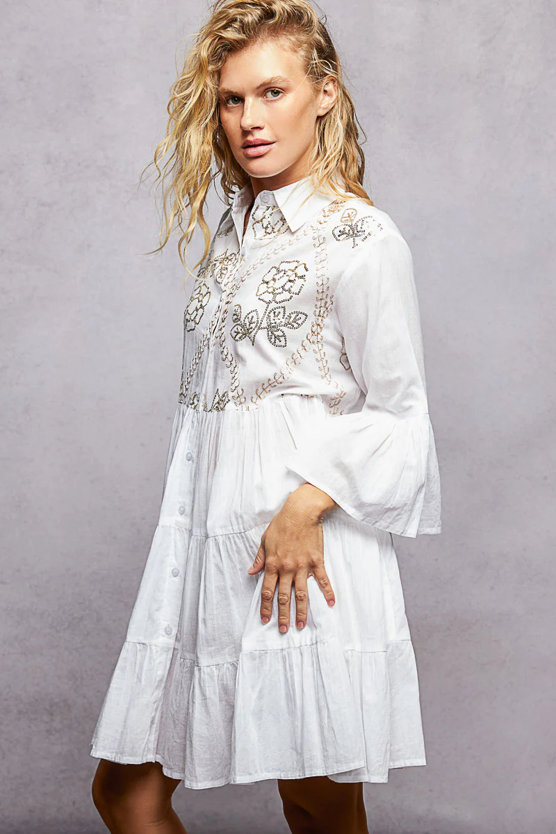 POL Floral Sequin Embroidered Mini Tiered Shirt Dress - Image 4