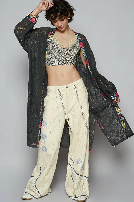 POL Floral Trim Lace Open Front Longline Cardigan - Image 5