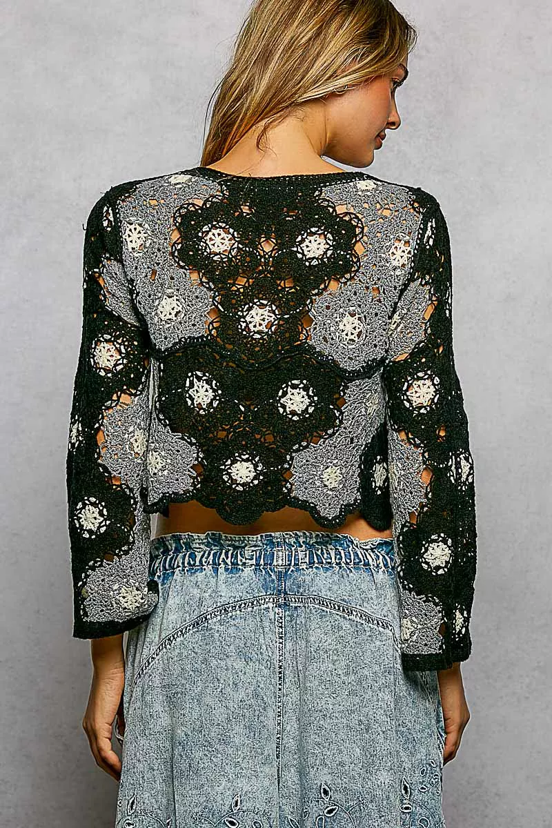 POL Floral Weave Pattern Crochet Cropped Top with Beads Detail - Image 4