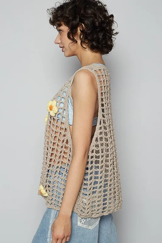 POL Flower Crochet Scoop Neck Sleeveless Knit Cover Up - Image 4