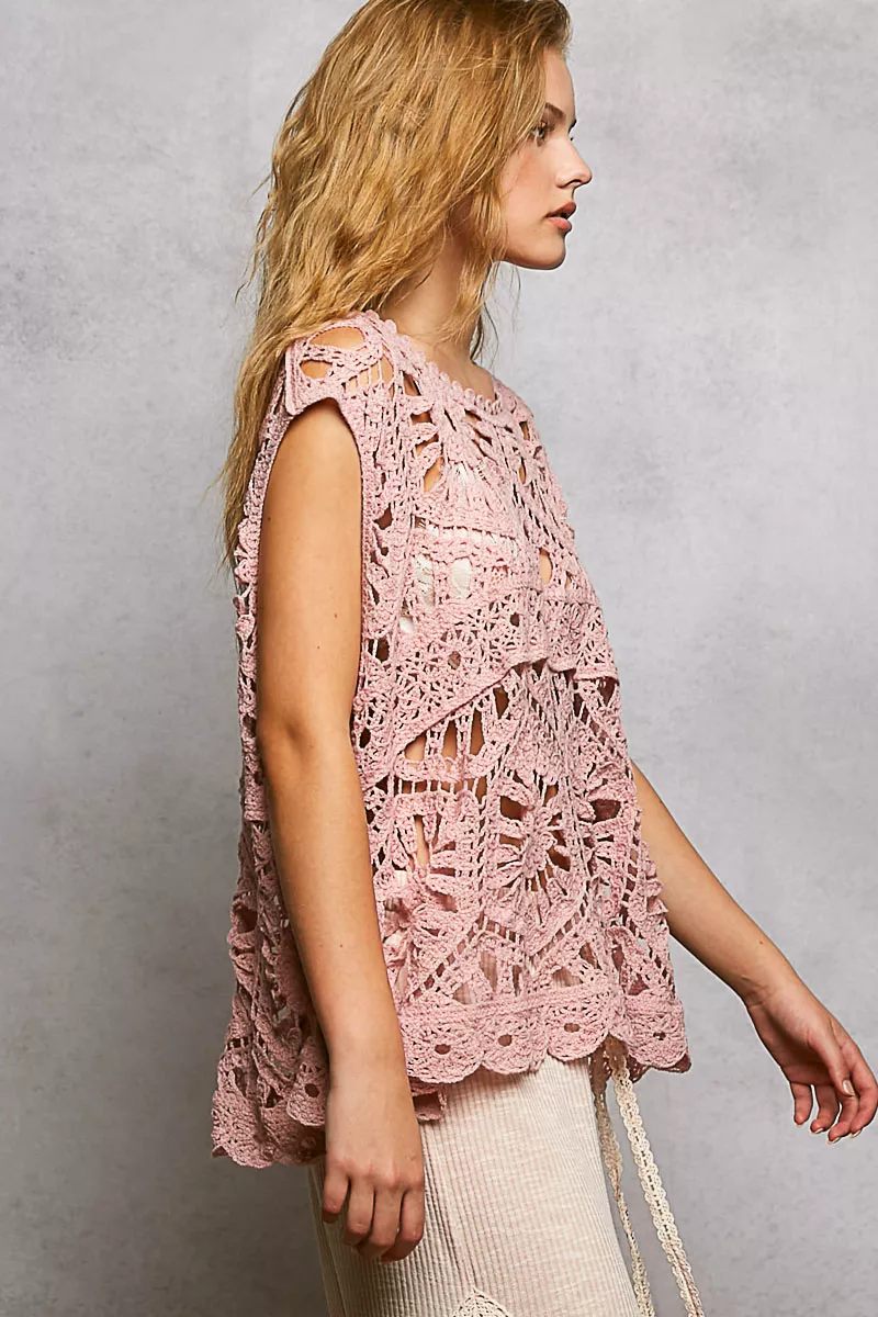 POL Openwork Round Neck Floral Crochet Tank - Image 3