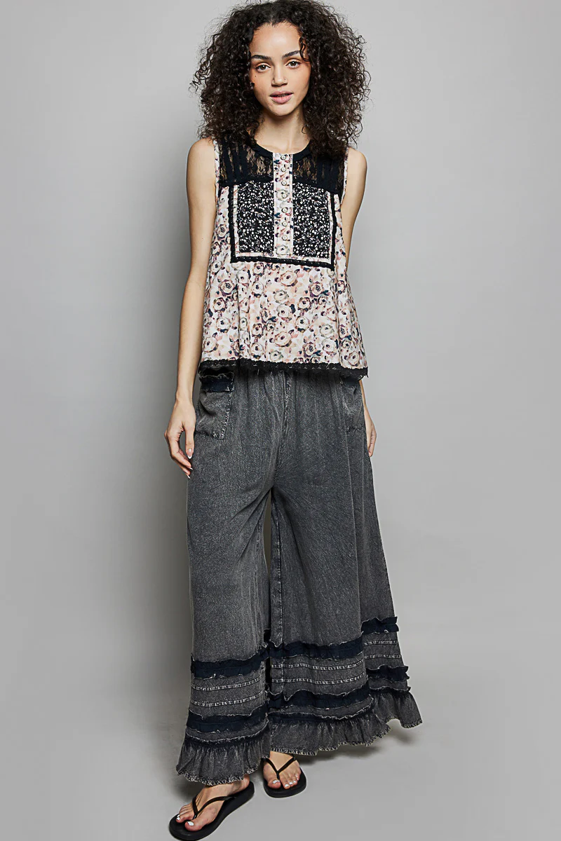 POL Printed Woven Lace Back Round Neck Sleeveless Top - Image 5