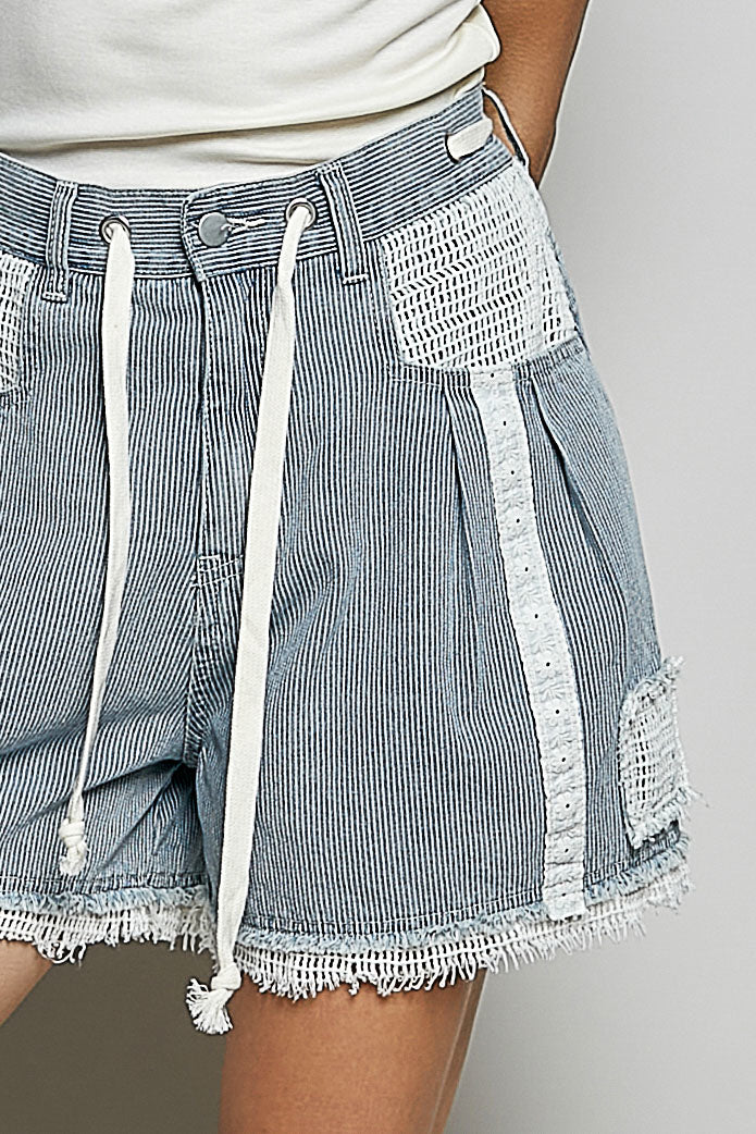 POL Raw Hem Drawstring Striped Denim Shorts - Image 7