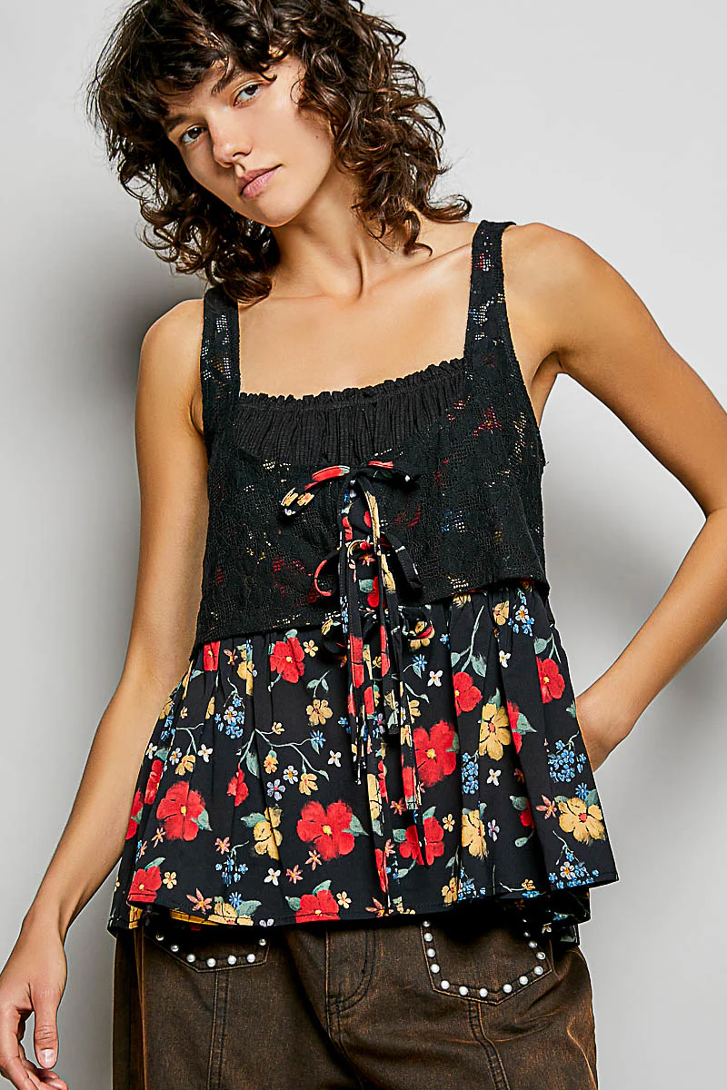 POL Ribbed Sleeveless Top with Lace Bust Floral Woven Patch - Image 2