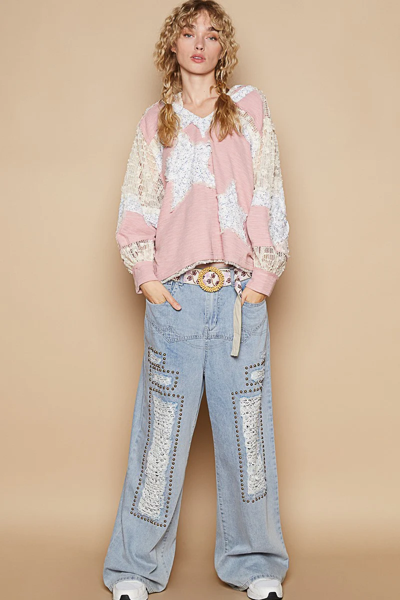 POL Star Patch Lace Long Sleeve Hooded Top - Image 5