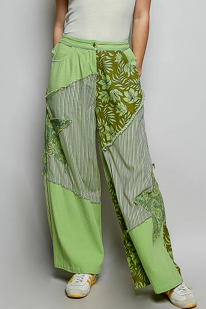 POL Striped Floral Patchwork Wide leg Pants with Side Big Star Patch