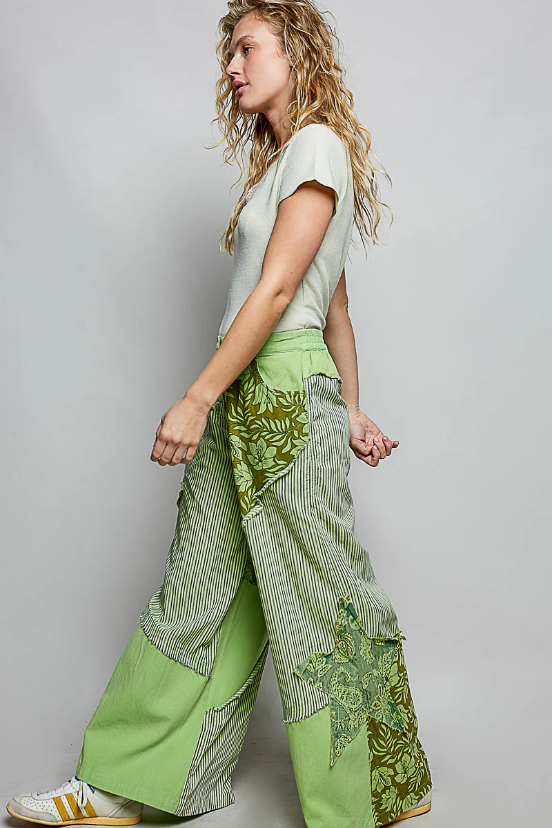POL Striped Floral Patchwork Wide leg Pants with Side Big Star Patch - Image 5