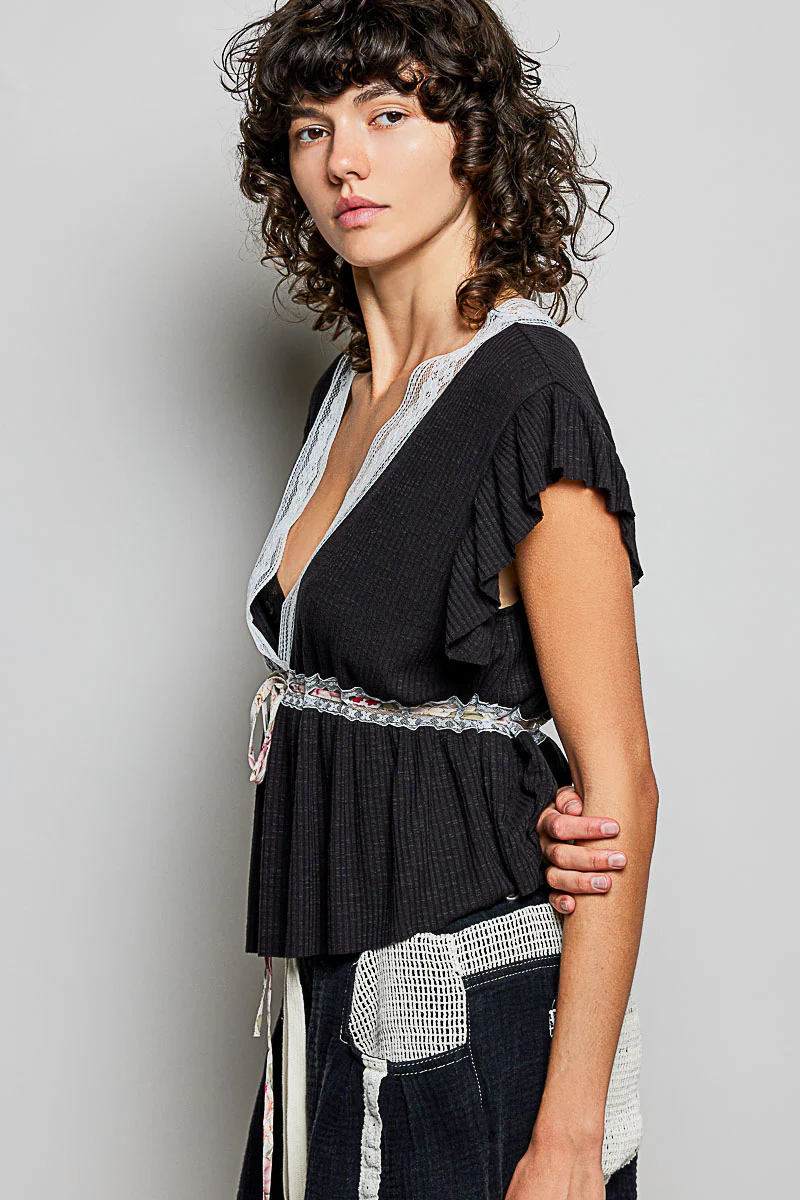 POL Tied Ruffled V-Neck Short Sleeve Blouse with Lace Detail - Image 3