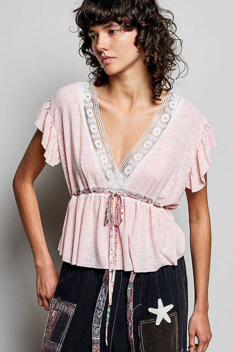 POL Tied Ruffled V-Neck Short Sleeve Blouse with Lace Detail - Image 2