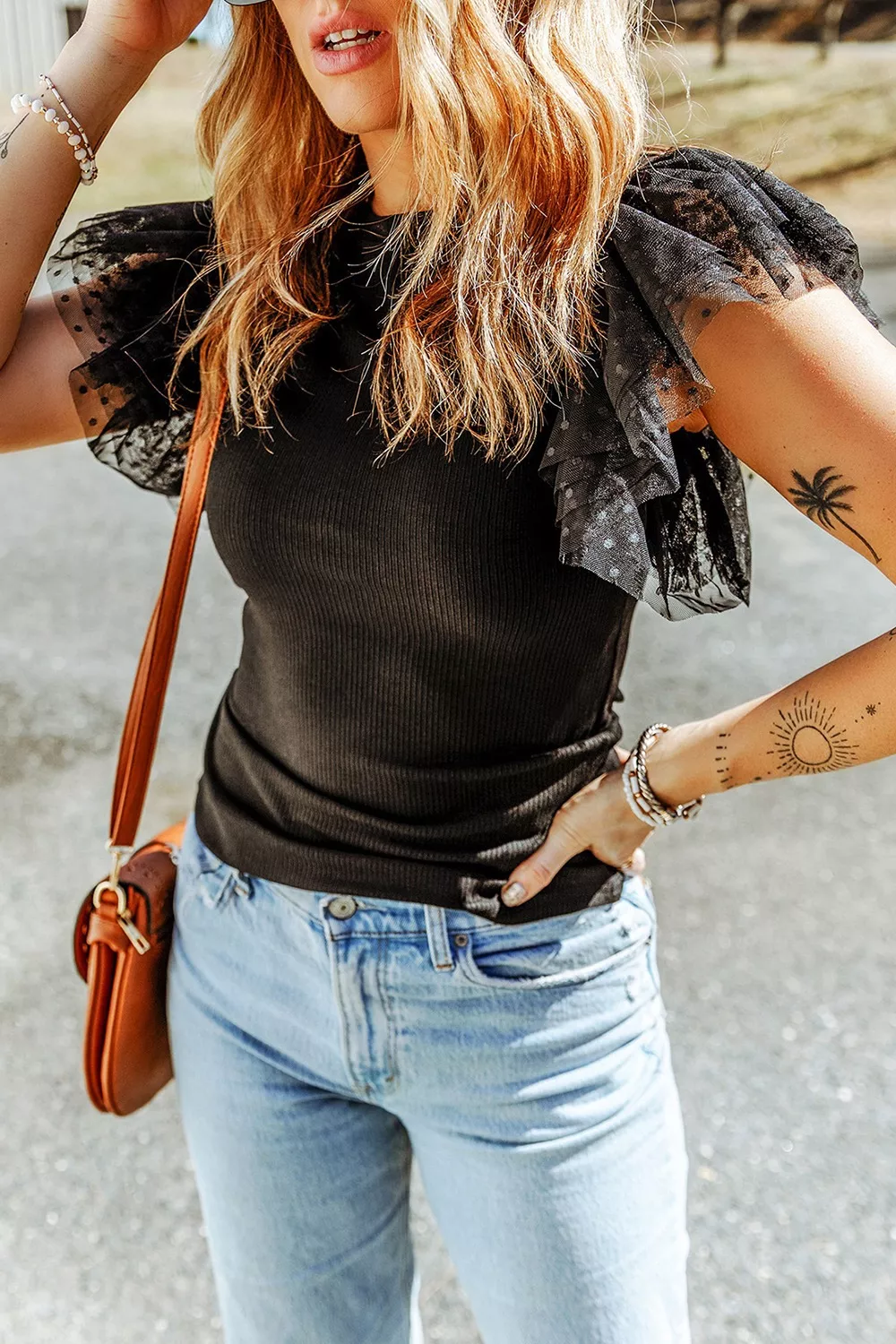 Polka Dot Mesh Sleeve Ribbed Top - Image 4