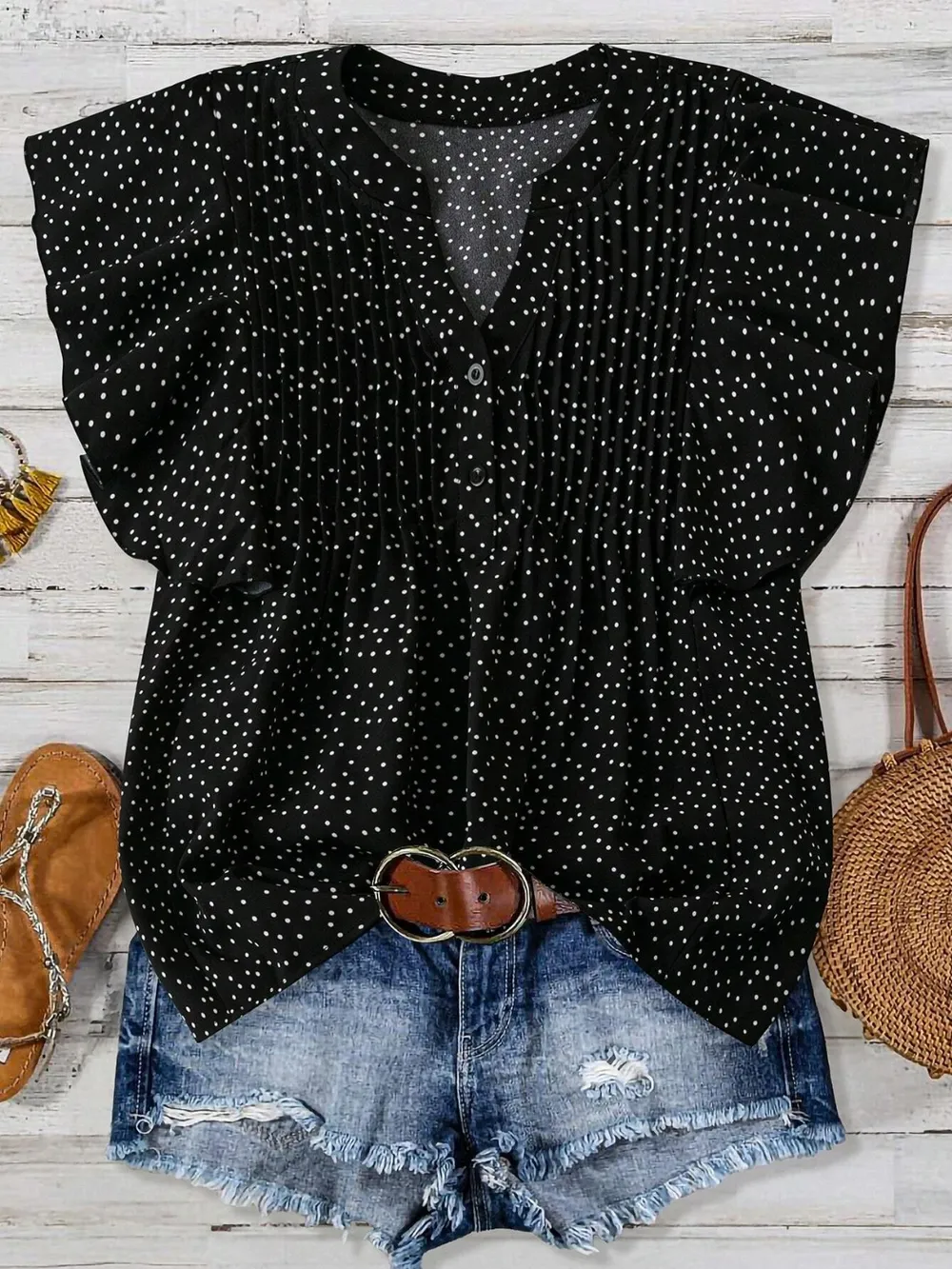Polka Dot Notched Ruffled Cap Sleeve Blouse - Image 6