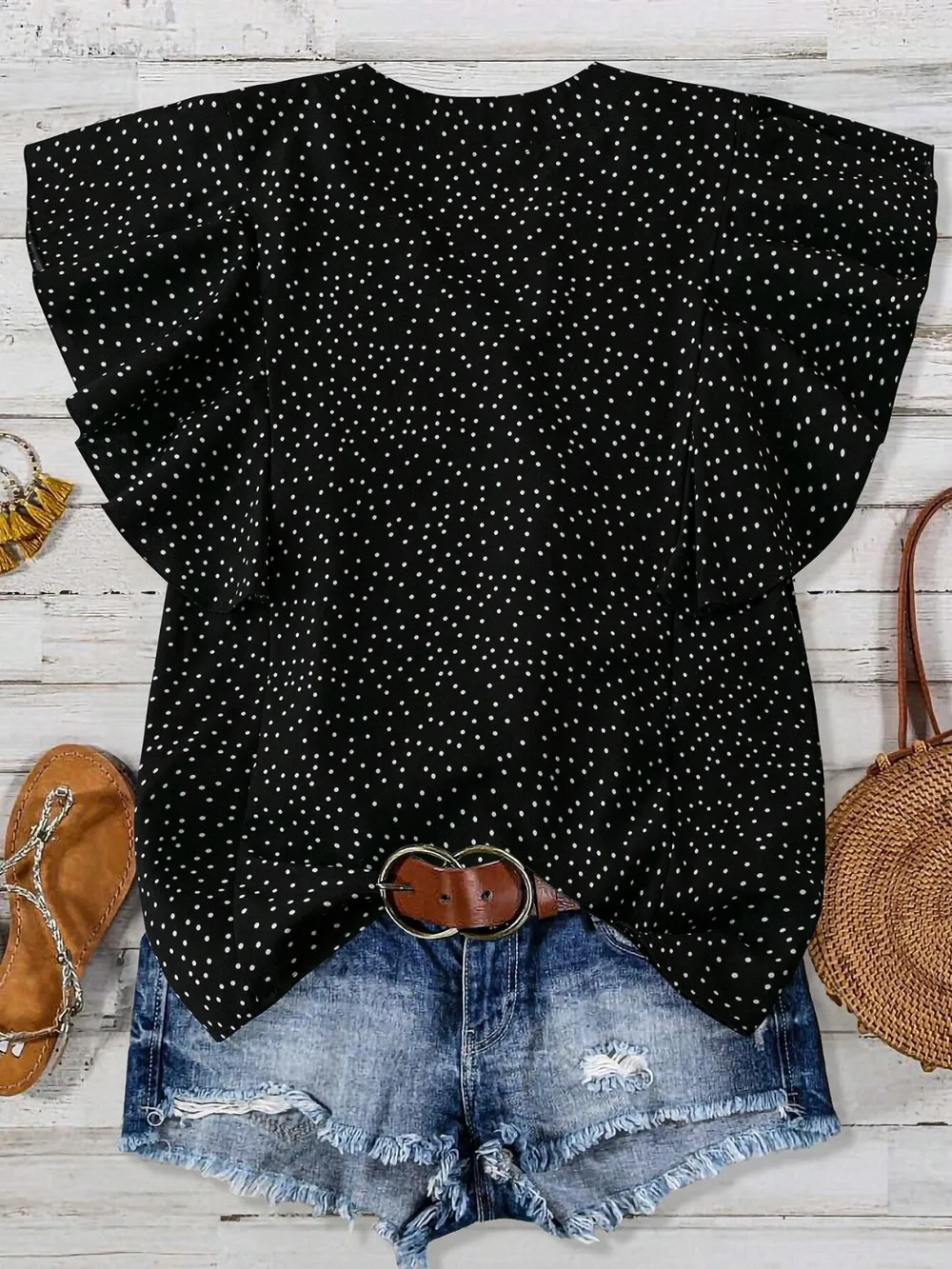 Polka Dot Notched Ruffled Cap Sleeve Blouse - Image 7