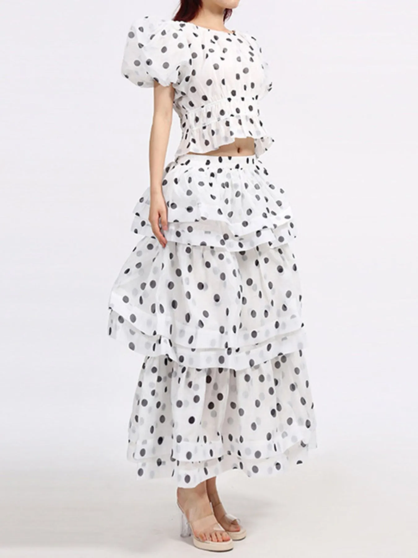 Polka Dot Puff Sleeve Top and Skirt Set - Image 3