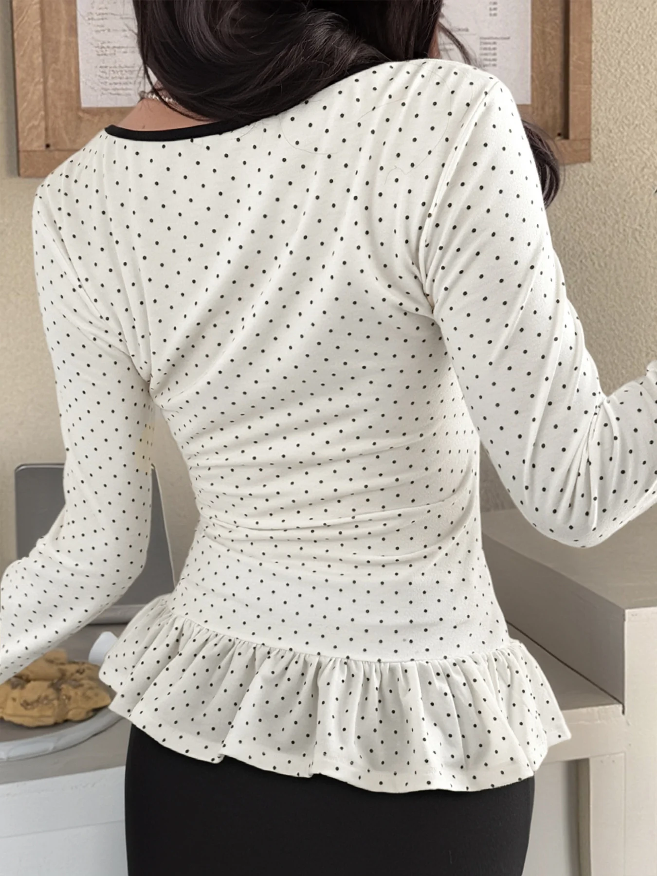 Polka Dot Ruffle Trim Long Sleeve T-Shirt - Image 5