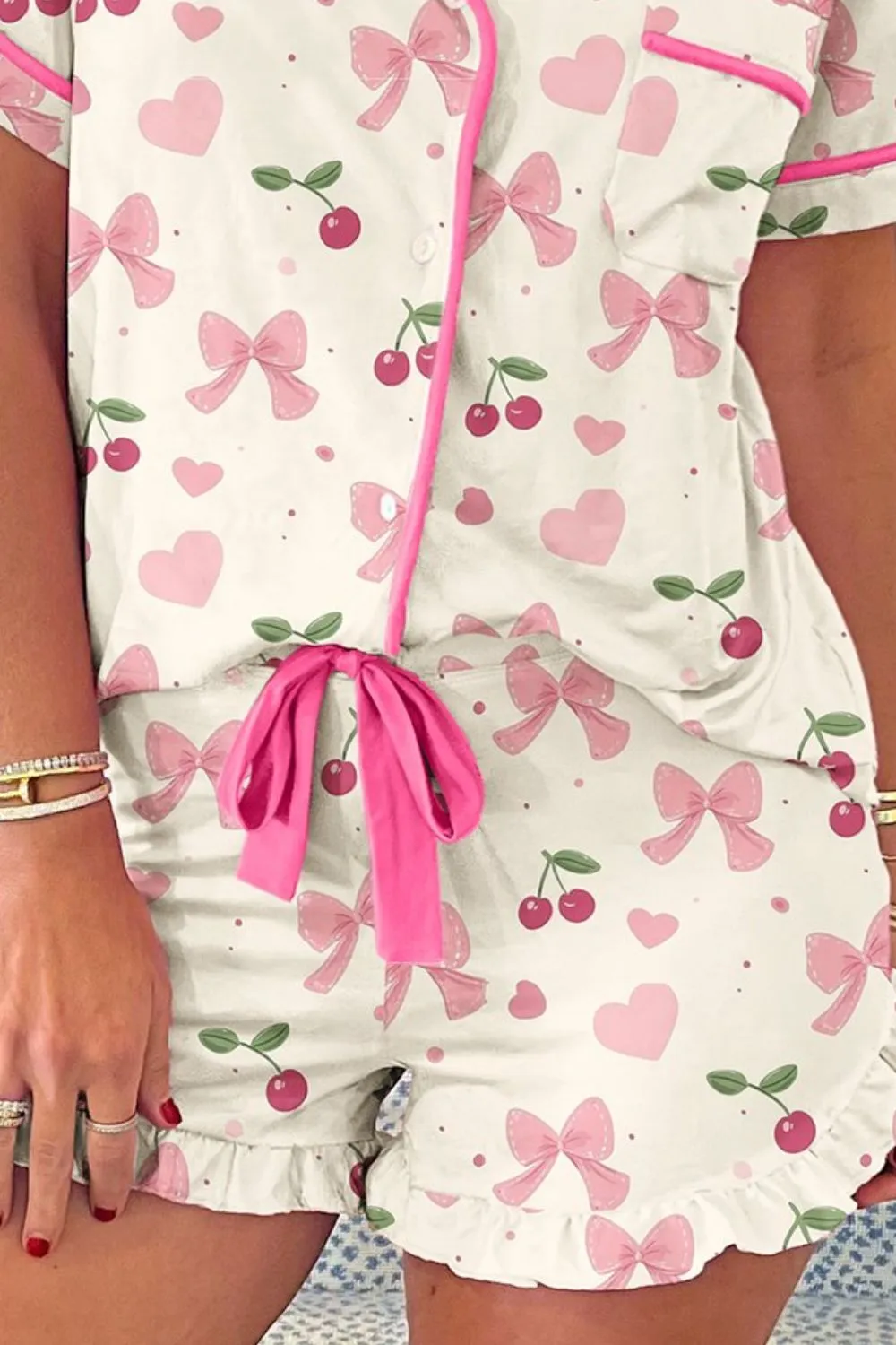 Printed Button Up Short Sleeve Top and Shorts Lounge Set - Image 3