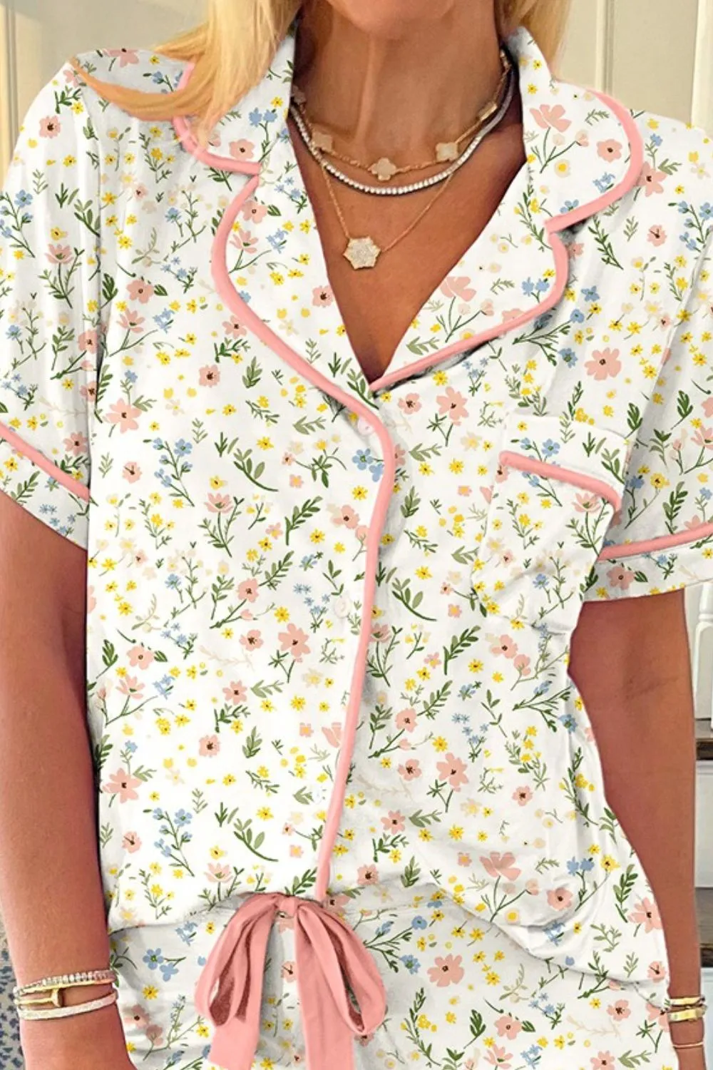 Printed Button Up Short Sleeve Top and Shorts Lounge Set - Image 5